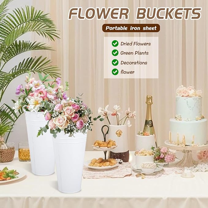 Flower Bucket for Flower Bar, 6 Pcs 10.2 Inch Metal Vases with Handles, Leak-Proof White French Buckets for Valentine's Day, edding Centerpieces, Baby Shower, Mother's Day, Farmhouse Rustic Home Decor
