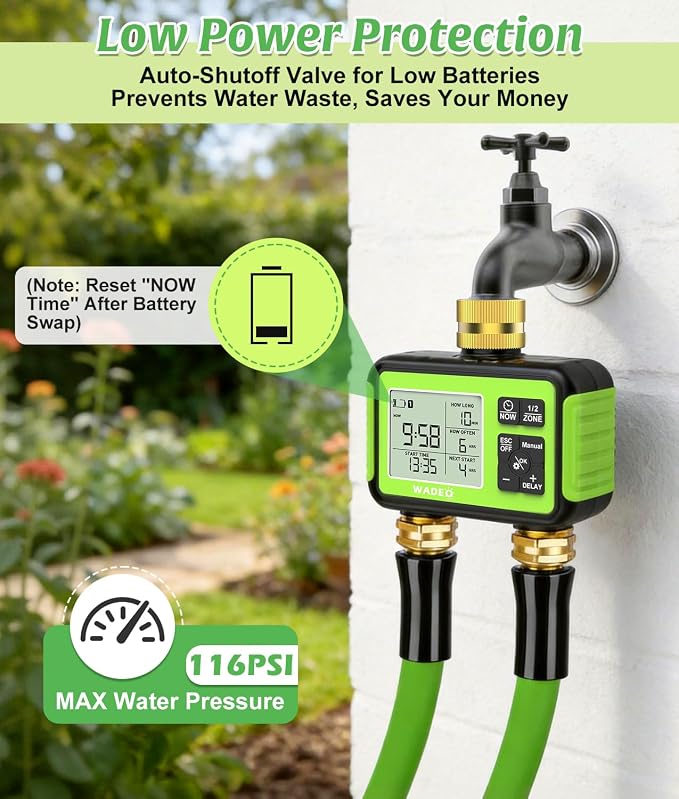 Sprinkler Timer with Brass Inlet Outlet for Garden Hose, Outdoor 2 Zone Water Hose Timer with Rain Delay/Auto/Manual/Child Lock, Rainpoint Drip Irrigation Controller for Lawn Yard Garden Watering