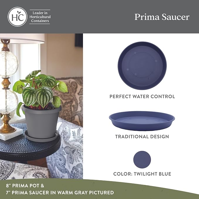 The HC Companies Round Prima Flower Pot Saucers - Plastic Plant Saucer for Outdoors & Indoors - Traditional Plant Pot Trays for Water Drainage -Durable Plant Tray (10.5-inch Twilight Blue, Pack of 1)