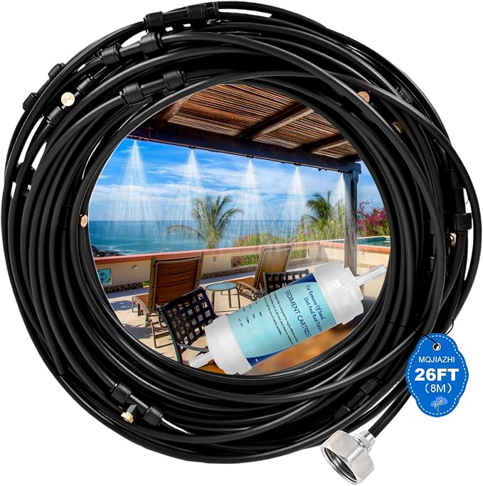 26FT Misters for Outside Patio – Outdoor Misting Cooling System with 20 Brass Nozzles, 3/4" Adapter & Water Filter, Upgraded Pre-Assembled, Large Area Cooling for Garden, Patio, Pool, Backyard