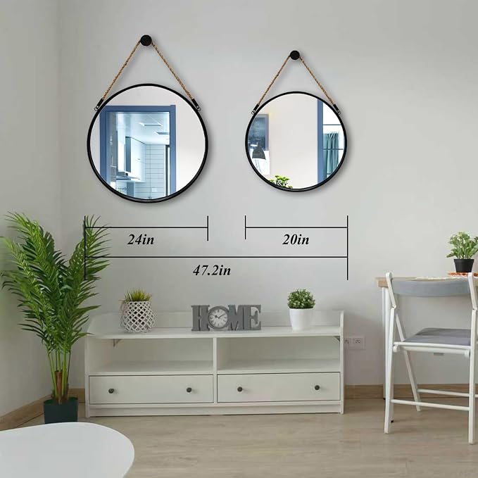 POZINO 24" Round Mirror with Black Frame, Hanging Mirror for Wall | Circle HD Mirror with Jute Rope, Anti-Rust, Farmhouse Decorative Wall Mirror for Entryway, Living Room, Fireplace, Bathroom