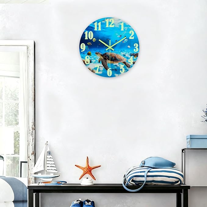 jomparis Outdoor Clocks Waterproof 12 Inch Coastal Sea Turtle Luminous Glass Wall Clock for Pool Patio Bathroom