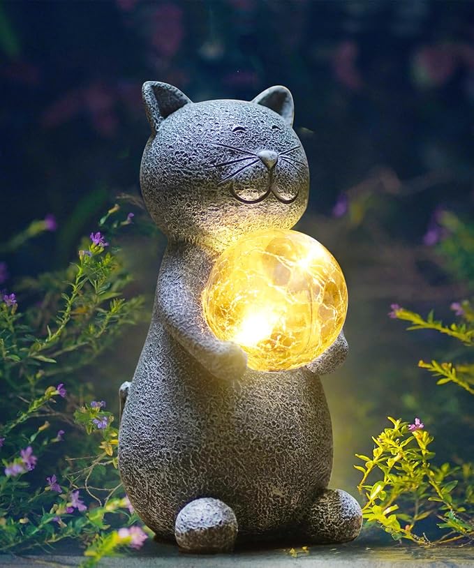 Solar Garden Cat Statue - Cat Garden Decor for Yard Patio | Cats Decoration for Garden Lawn Balcony - Gifts for Mom Grandma