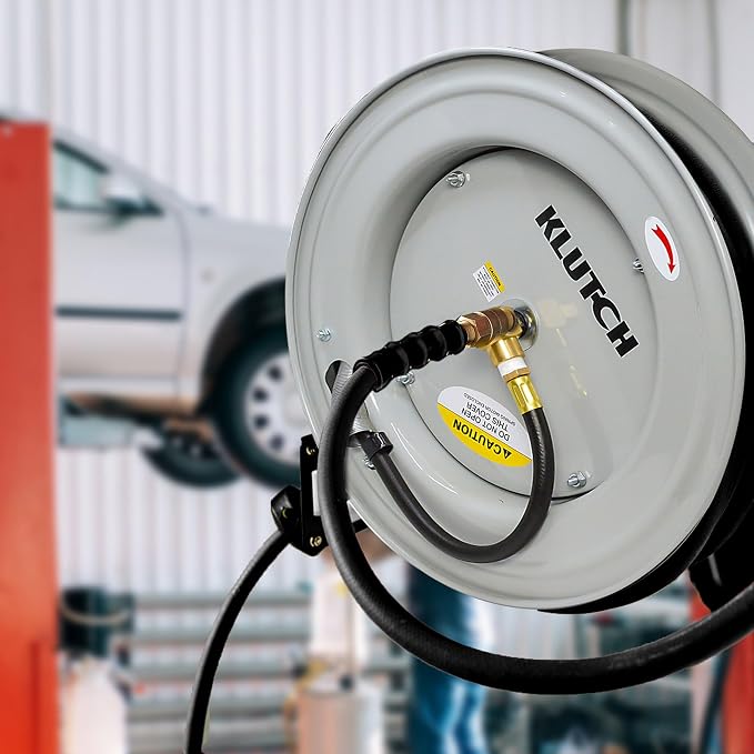 Klutch Auto-Rewind Air Hose Reel, with 3/8in. x 75ft. Rubber Hose, 300 PSI, Model# TLEXR3875-NT