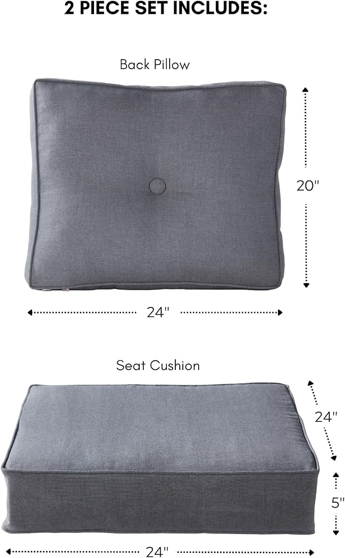 Sunbrella Deep Seat Cushion Set – Seat & Back Cushions for Patio Chairs, Sofas & Loveseats – Fade Resistant Outdoor Fabric, Ties, Zippered Cover, Cord Trim, Cast Slate