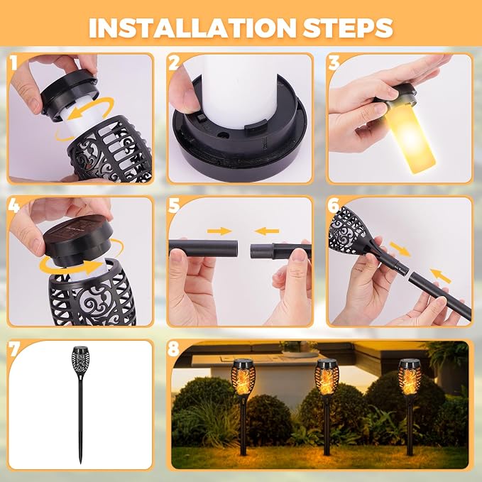 Solar Torch Flame Lights, Flickering Flame LED – Waterproof Solar Garden Lights for Patio, Yard, Pathway, Landscape & Backyard Décor (Warm WHITE-12 Pack)