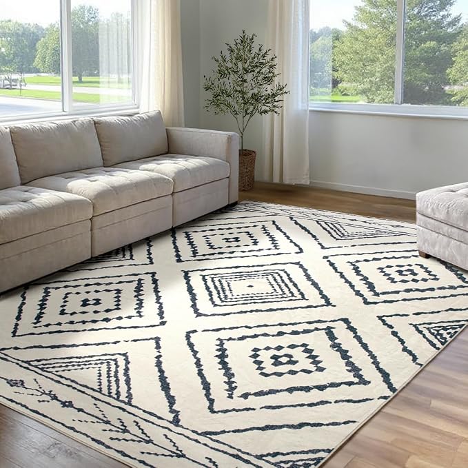 6'x9' Washable Area Rug for Living Room Bedroom White Black | Soft Western No Slip Low Pile Print Foldable Indoor for Kitchen Dining Room