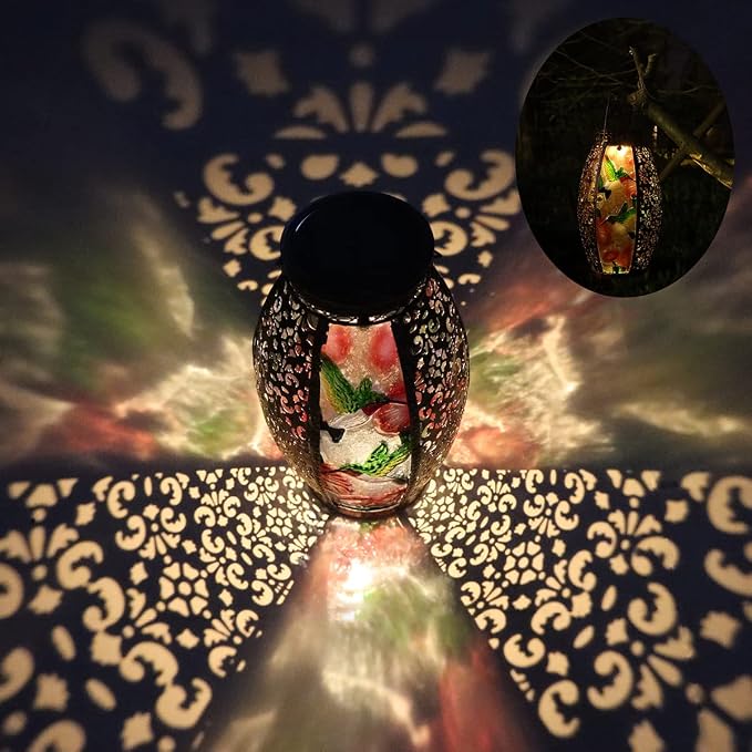 Solar Lanterns Outdoor Light Waterproof Hummingbird Garden Glass Decor Light Gifts for Women Mom Grandma Hanging Solar Decoration Lights Metal Outside for Yard, Backyard, Patio