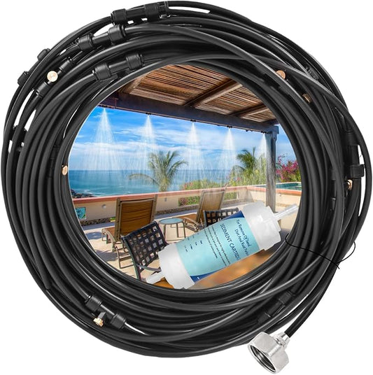 75FT Misters for Outside Patio – Outdoor Misting Cooling System with 20 Brass Nozzles, 3/4" Adapter & Water Filter, Upgraded Pre-Assembled, Large Area Cooling for Garden, Patio, Pool, Backyard