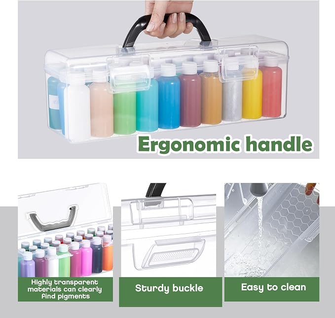 Threehoney 3 Pcs Paint Storage Box for 2 Fl. oz Acrylic Paints, Acrylic Portable Craft art Organizer with Handle, 30 Bottles Capacity Plastic Art Supply Clear Boxes