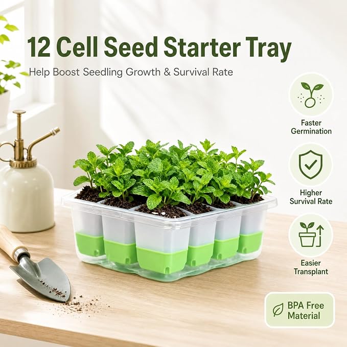 Seed Starter Tray,5-Pack Reusable Silicone Seed Starter Tray with 5 Base Trays,Foldable Design for Easy Transplanting,Indoor Gardening Supplies for Vegetables, Flowers & Herbs,60 Cells Total