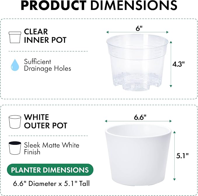 Phoenix Vine 6.6 Inch White Plastic Cachepot with Clear Nursery Pot, Decorative Lightweight Planter Cover with Transparent Inner Pot for Indoor Houseplants, Pack of 2, 24-C-D-2