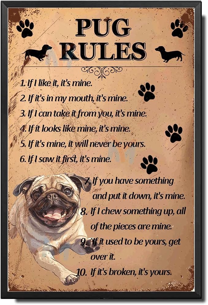 Metal Sign Tin Sign Vintage Wall Art Pug Rules Tin Signs for Garden for Room 8×12 Inches with Metal Frame