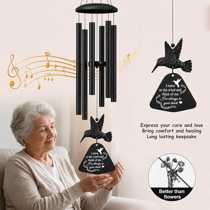 36" Memorial Wind Chimes for Outside, Sympathy Gift for Loss of Loved One, Hummingbird Wind Chime for Mom Dad, Bereavement Remembrance Funeral Condolence Gift（Black）