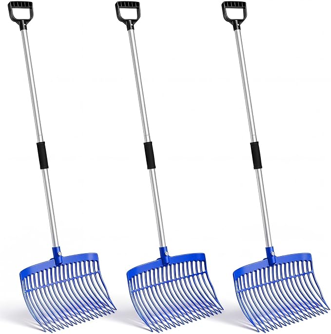 Lasnten 3 Sets Blue Manure Fork with Long Metal Handle Pitch Fork Manure Rake Heavy Duty Muck Rake for Gardening Horse Stall Stable Grass Hay Cleaning Farm Work(D Shaped Grip)
