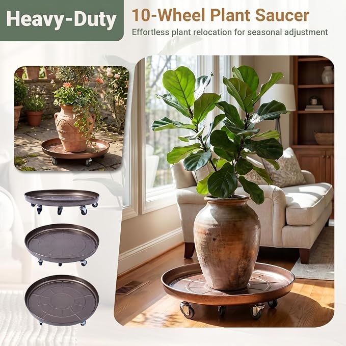 Briwooody 1 Pcs Large Round Plant Saucer with Lockable Wheels Flower Plant Trays Heavy Duty Round Water Catcher Easy to Move for Pots Indoors Outdoor Garden (24 Inch,Copper Gold)
