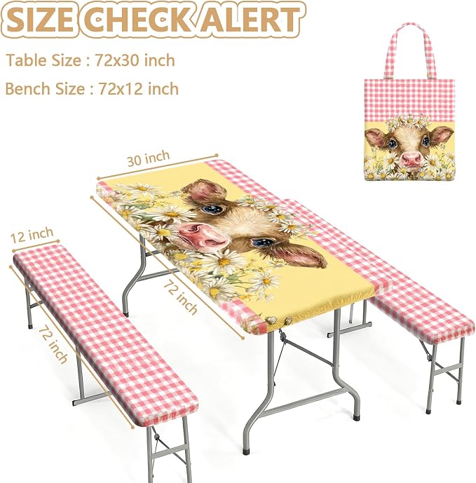 Picnic Table Cover with Bench Covers Elastic Edges, Outdoor Patio Camping Essentials 72 Inch 3PCS, Waterproof Camping Fitted Tablecloth with Handbags (Pink check daisy cow)