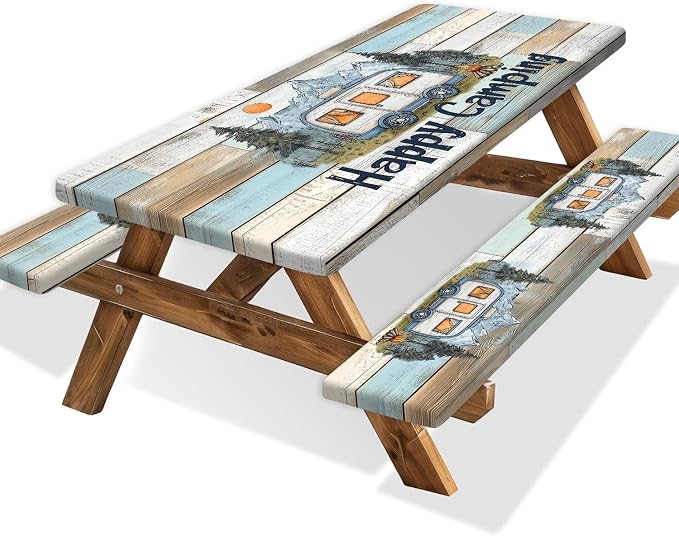 Wooden Camper Picnic Table and Bench Cover, Camping Table Cover with Drawstring Bag, Waterproof Windproof Outdoor Elastic Tablecloth, Fitted Rectangle Tables and Seats 3 Pieces Set, 30x96 Inch