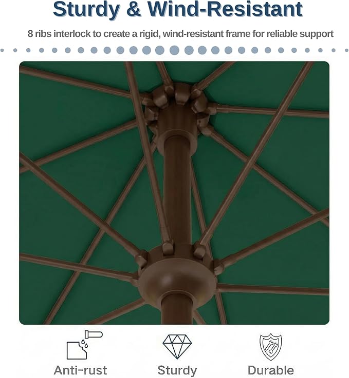 PatioKingdom 9FT Patio Outdoor Umbrella-UPF 50+ Sun Shade with Wind Vent, Push-Button Tilt & Smooth Crank Lift, Rust-Resistant Fiberglass Frame for Garden, Backyard,Yard (Dark Green)