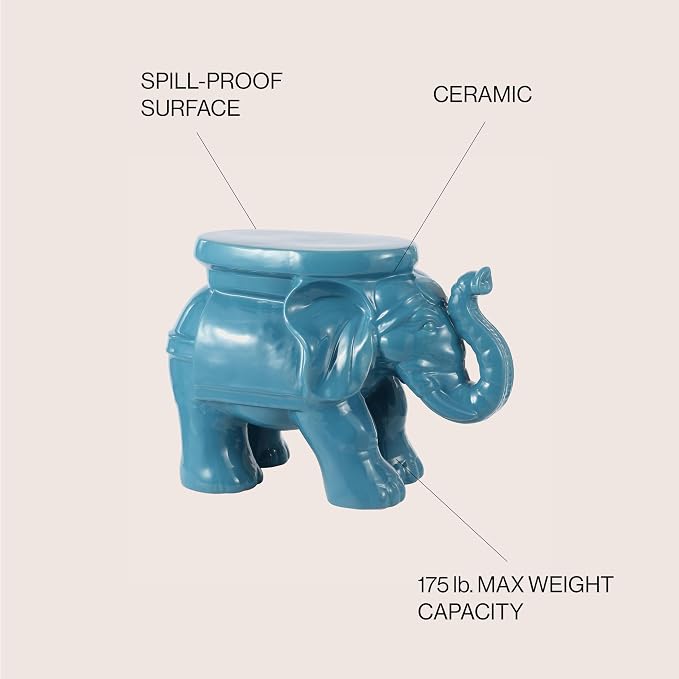 JONATHAN Y White Elephant 14.25" Glazed Ceramic Elephant Garden Stool, Weather-Resistant Indoor/Outdoor Patio Side Table and Plant Stand, Bohemian, Blue TBL1007D