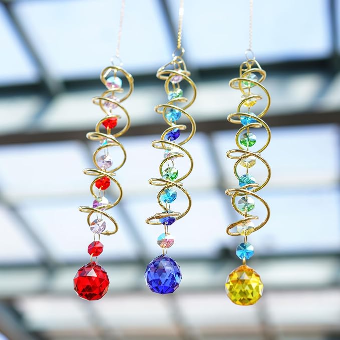 Crystal Gazing Ball Wind Spinner Suncatcher with Hook Decor | Crystal Suncatcher Gazing Ball with Spiral Tail Rainbow Maker Beads Hanging for Window Indoor Outdoor Garden Wedding Decor