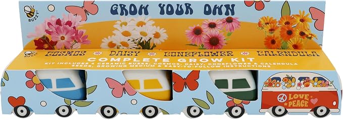 BUZZY Seeds Mini Ceramic Flower Bus Grow Kit 4-Pack - Bus Ceramic Planter - Complete Indoor/Outdoor Gardening Kit with Seeds, Coconut Husk Growing Medium & Genuine Pots - 100% Grow Guarantee