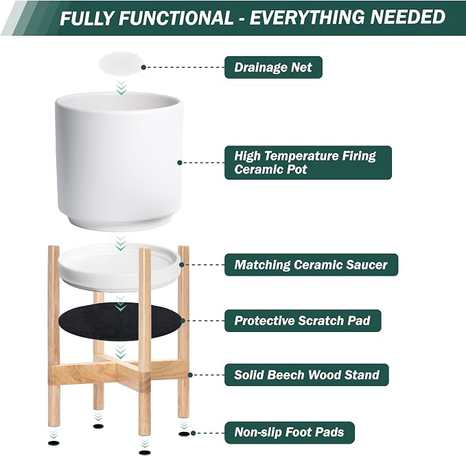 D'vine Dev Ceramic Planter with Natural Stand - 14 Inch Modern Round Flower Pot with Wood Planter Holder, White, 55-B-R-1