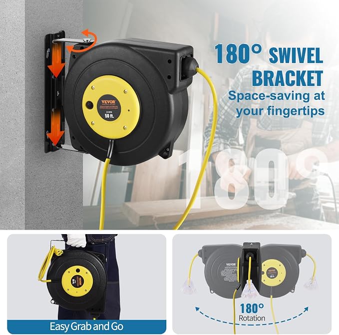 VEVOR Retractable Extension Cord Reel, 50 FT, Heavy Duty 14AWG/3C SJTOW Extension Power Cord with Lighted Triple Tap Outlet, 13A Circuit Breaker 180° Swivel Bracket for Ceiling or Wall Mount, Yellow