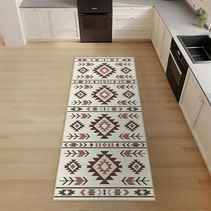 Western Runner Rug 2x6 for Hallway Kitchen Bedroom, Southwestern Aztec Tribal Runner Rugs Southwest Navajo Machine Washable Rug Non-Slip Printed Low-Pile Floor Carpet Mat for Living Room, Beige
