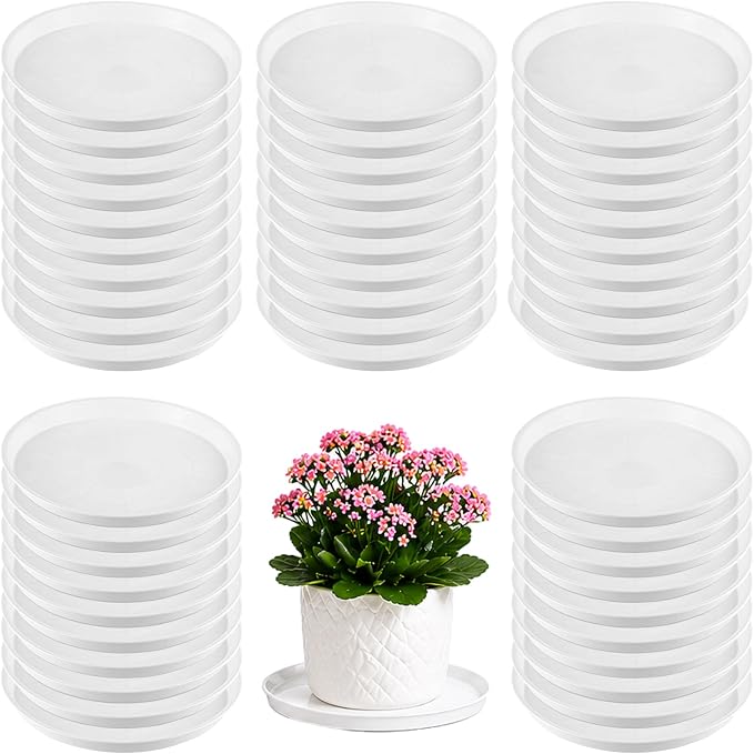 50 Packs 12 Inch Plastic Plant Saucers for Indoor Outdoor, Plant Water Catcher Tray for Pots, Bulk Flower Pot Saucers, Drip Trays for Potted Plants, Round Plates to Catch Water, White