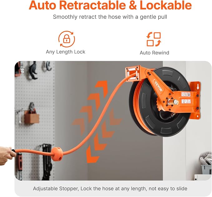 VEVOR Retractable Air Hose Reel with Double Arms, 3/8 IN x 65FT Hybrid Air Hose Max 300PSI, Air Compressor Hose Reel with 5FT Lead in, Ceiling/Wall Mount Heavy Duty Steel Reel for Workshop Garage