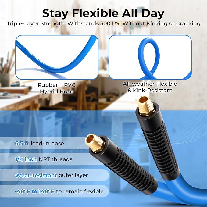 Retractable Air Hose Reel, 3/8" x 100 Ft Hybrid Hose Air Compressor Hose Reel with 6.5 Ft Lead-in Max 300 PSI, Air Hose with Any Length Lock, Automatic Rewind, 180° Swivel Bracket, Quick Coupler