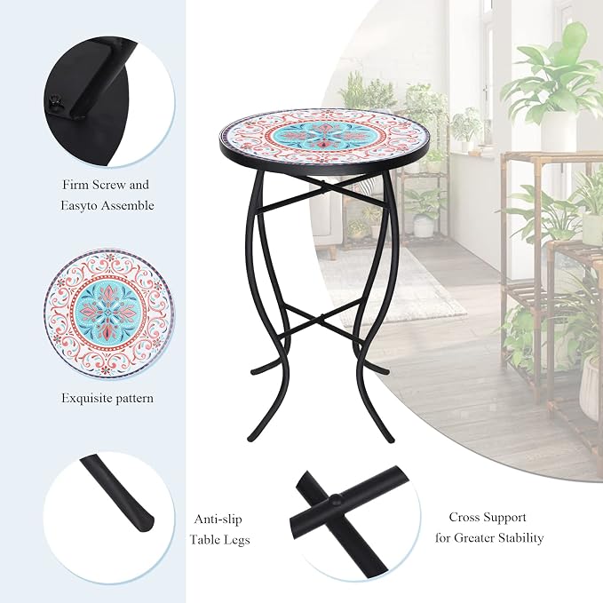 VCUTEKA Patio Side Table, Mosaic Outdoor Side Table 14" Round Small Accent Table Indoor End Table for Yard, Garden, Living Room, Bistro Balcony or Lawn