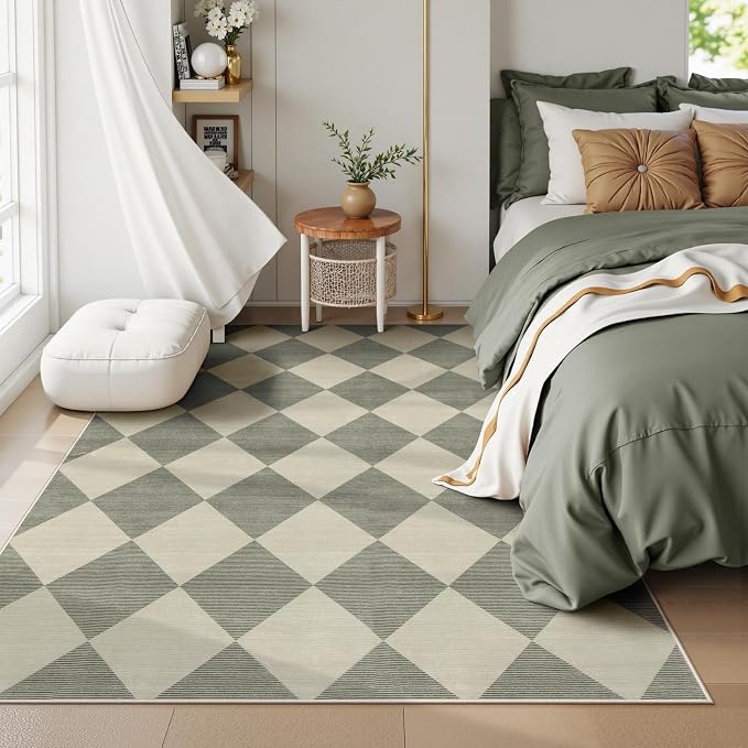 Beeiva Checkered Print 5x7 Rugs for Living Room, Non Slip Soft Green Rugs for Bedroom Ultra Thin Washable Rugs 5x7, Moroccan Farmhouse Carpet for Playroom Kids Room, Classic Classroom Dorm Home Decor