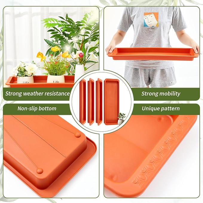 Cinnvoice 4 Pack Terracotta 24 x 8 x 1.6 Inch Rectangle Plant Saucer Large Plastic Plant Tray Water Drip Trays for Windowsill Flower Pot Planter Drainage Germination Garden Indoor Outdoor Use