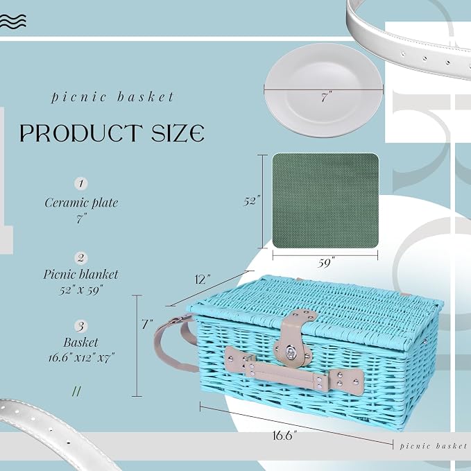 YPshuye Picnic Basket Set for 4 with Waterproof Blanket Mat Insulation Bag Wicker Blue Green Light Hawaiian Tropical Style Gift for Wedding Birthday Summer Camp Outdoor Camping Beach Travel Christmas