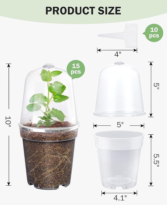 homenote Clear Nursery Pots for Plants,5 Inch Plant Pot for Planting with Humidity Domes Plastic Seedling with Drainage Holes Seed Starter Flower High Transparency (15 Pack)