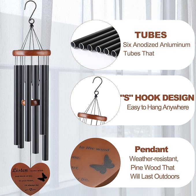 Personalized Memorial Wind Chimes for Loss of Mother or Father – Sympathy Bereavement Gift for Loved One – Unique Outdoor Wind Chimes, Black