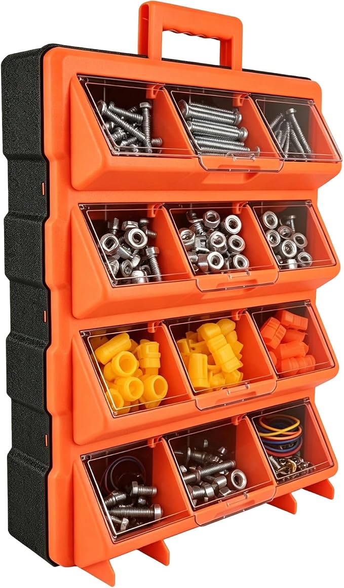 ULIBERMAGNET Tool Box Organizer,12-Compartment Portable Small Parts Organizer for Screws, Bolts,Nails,Washers, Wall-Mounted Hardware Storage Boxes for Garage, Truck, Workshop (Orange)