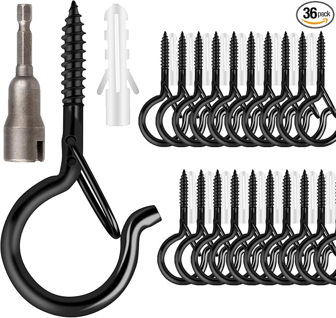 FSAH 36 PCS Q-Hanger Hooks with Safety Buckle, Windproof Screw Hooks for Outdoor String Lights Hanging Christmas Lights, Plants, with 1 Wing Nut Driver