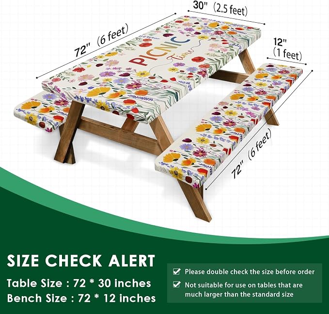 Picnic Table Cover with Bench Covers Elastic Edges, Wildflower Boho Camper Fitted Table Cover, Outdoor Camping Essentials 72 Inch 3PCS, Waterproof Camping Fitted Tablecloth with Drawstring Bag