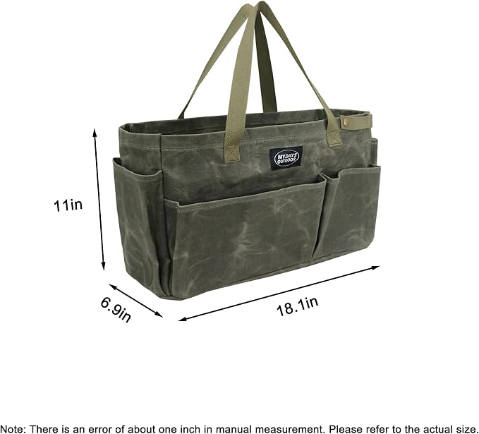 Portable Garden Camping Tool Storage Bag,Waxed Canvas Firewood Carrier Tote bag,Collapsible Sturdy Garden Basket Great for Women, Gardener, Electrician, Repairer(Army Green)