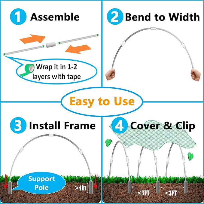 Garden Hoops DIY Kit – Rust-Free Material | Heavy-Duty | Weather Resistant | Chicken Tunnel Frame | 6 Sets of 9Ft Long Grow Tunnel Frame for 1’, 2’, 3’, 4’ or Wider Raised Beds