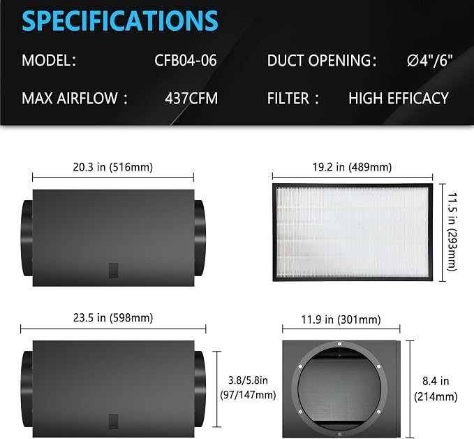 Inline Filter Box with H13 High Efficiency Air Filter- 4"/6" Flanges Included, Filter Box Fit 4/6 Inch Inline Duct Fans for Fresh Air Intake and Ventilation System