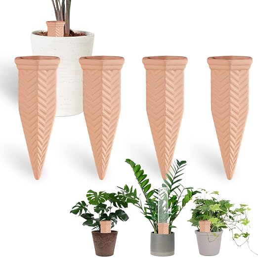 Terracotta Watering Spikes, 4 Pack Plant Watering Devices Self Watering Spikes Vacation Clay Watering Stakes Garden Plant Watering Globes for Indoor & Outdoor Plants