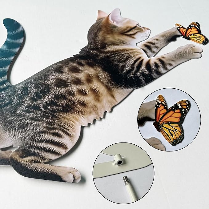Set of 2 Metal Cat Garden Stakes, Realistic Cats Playing with Butterflies, Outdoor Yard Lawn Patio Decor