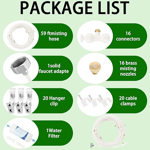 Glooglitter 59 ft Misters for Outside Patio Misting Cooling System 16 Brass Mist Nozzles 16 Brass Adapter(3/4") 20 Badge Clips 20 Cable Clips for Garden Greenhouse Fan Deck Pasture Pool BBQ Party