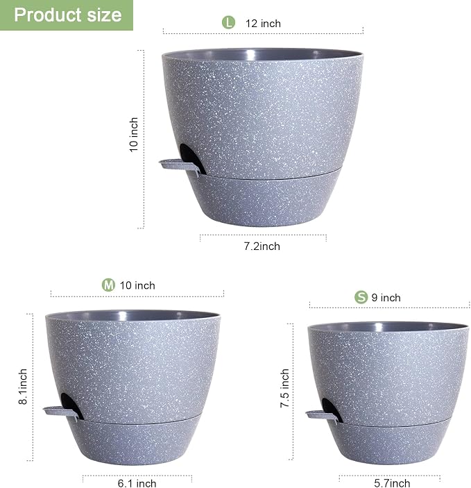 WSMKSZ Big Self Watering Pots 12/10/9 inch, Planter, Plant Pots with Mesh Drainage Holes for Indoor Outdoor Garden Plants, Plastic Flower Pots with Removable Deep Reservoir, Speckled Grey