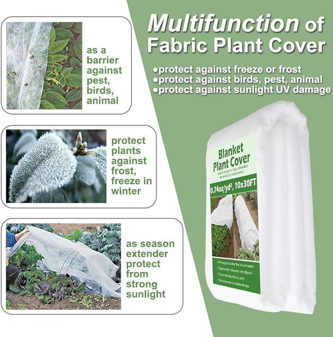Plant Covers Freeze Protection 10 ft x 30 ft Floating Row Cover 0.9oz/yd² Garden Fabric Plant Cover for Winter Frost/Sun Pest Protection (10FT X 30FT)