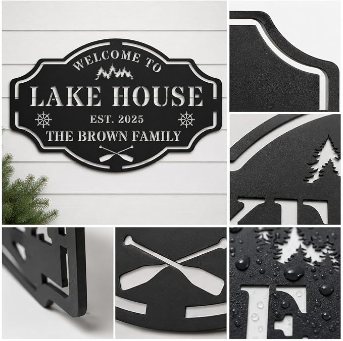Personalized Metal Lake House Sign Custom Family Name Wall Art Rustic Cabin Decor for Entryway Porch Outdoor Lake Life Gift